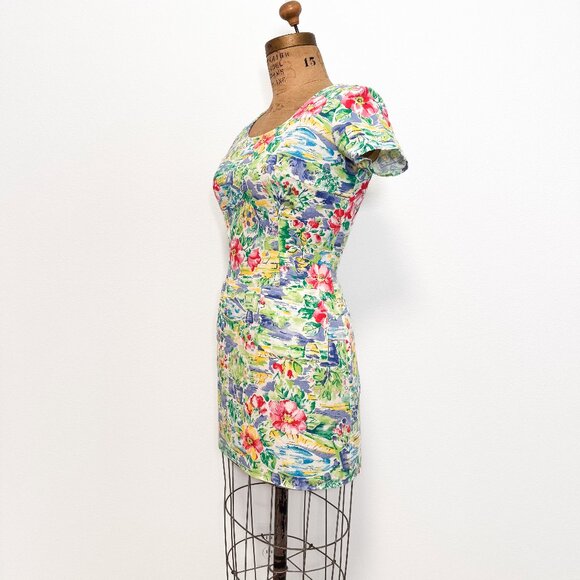 Vintage 90s Jonathan Martin Floral Short Sleeve Cotton Mini Dress Size 7 Small - Picture 3 of 12
